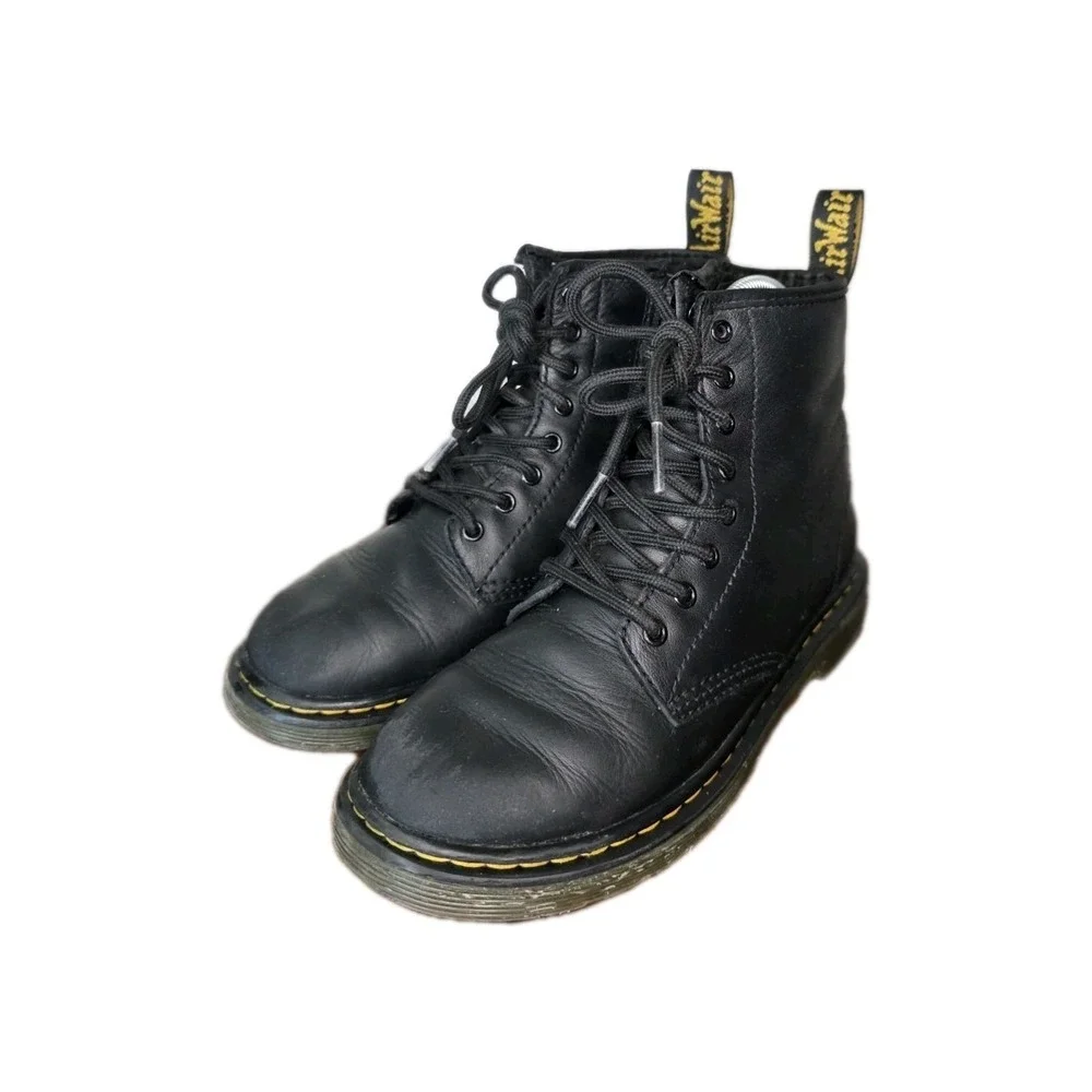 Dr. Martens 1460 J Kids Youth Black Leather Lace Up Boots Side Zip US 2 EU 33